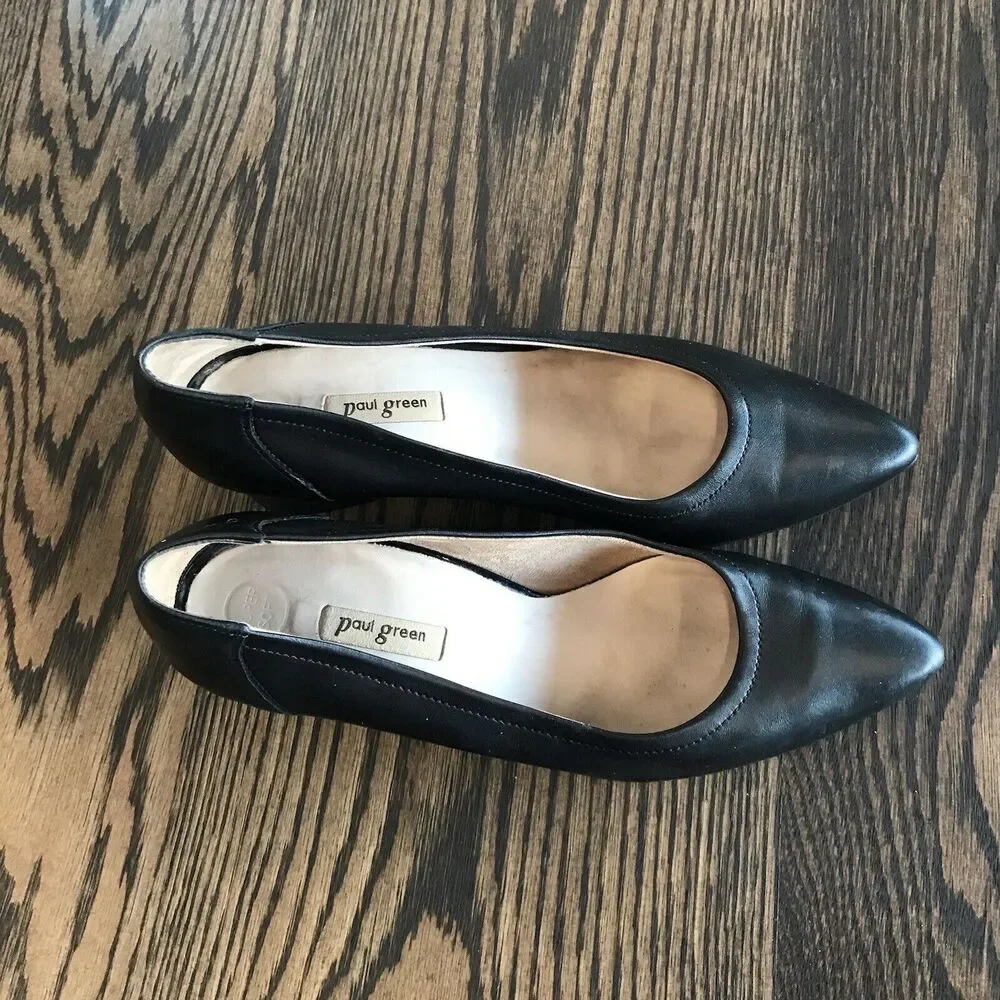 Paul Green Kami Black Soft Leather Block‎ Mid Heel Pointed Toe UK 5.5 US 8